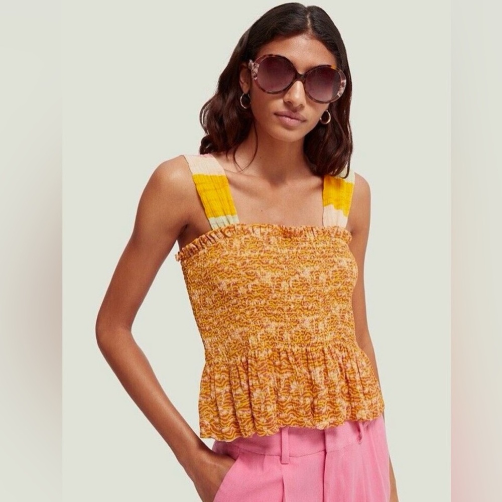 NWT Scotch & Soda Sunseeker Orange Smocked Boho Top Medium